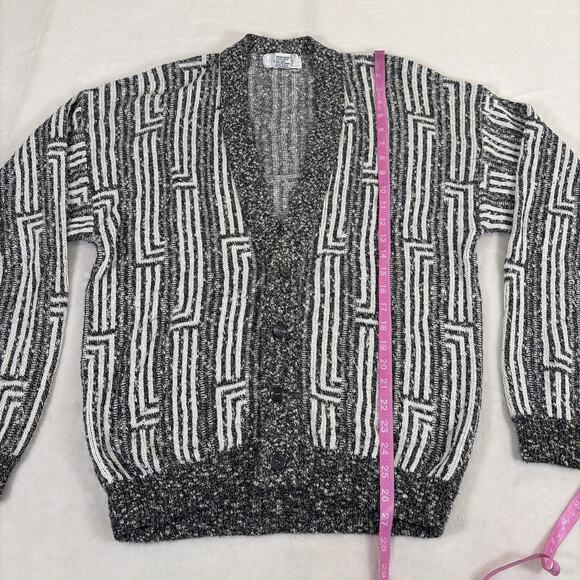 Vintage Jed Medium Geometric 80s Cozy Grandpa Sweater Cardigan Black & White - Picture 5 of 10
